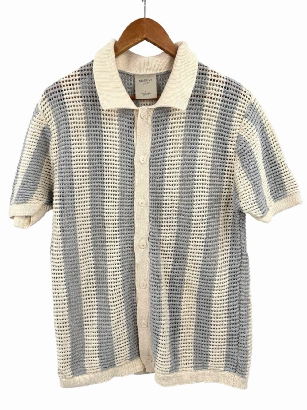 MASSIVE LUXURY Men's Blue White Stripe Crochet Collared Button Down S/S Shirt LG